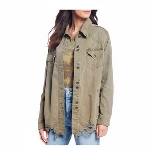 New Free People Shirt Jacket Distressed Denim Army Green Womens Size M $168